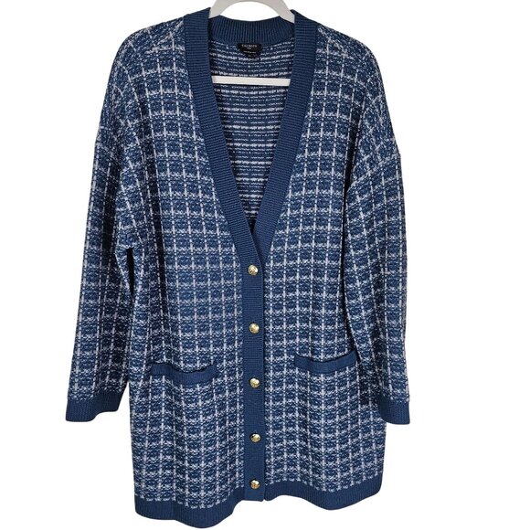 Talbots Merino Wool Cardigan Jacket 2X Blue Plaid Gold Button Mature Office - Picture 1 of 8